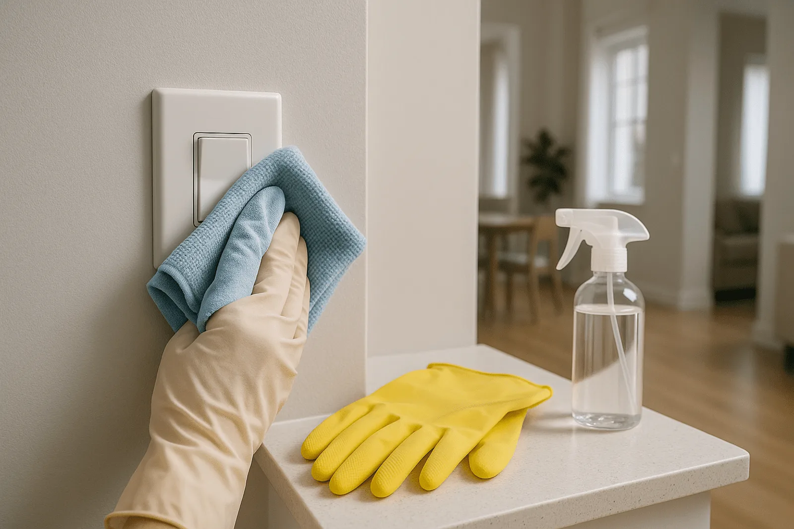 Interruptor de luz blanco limpio en la pared de una vivienda