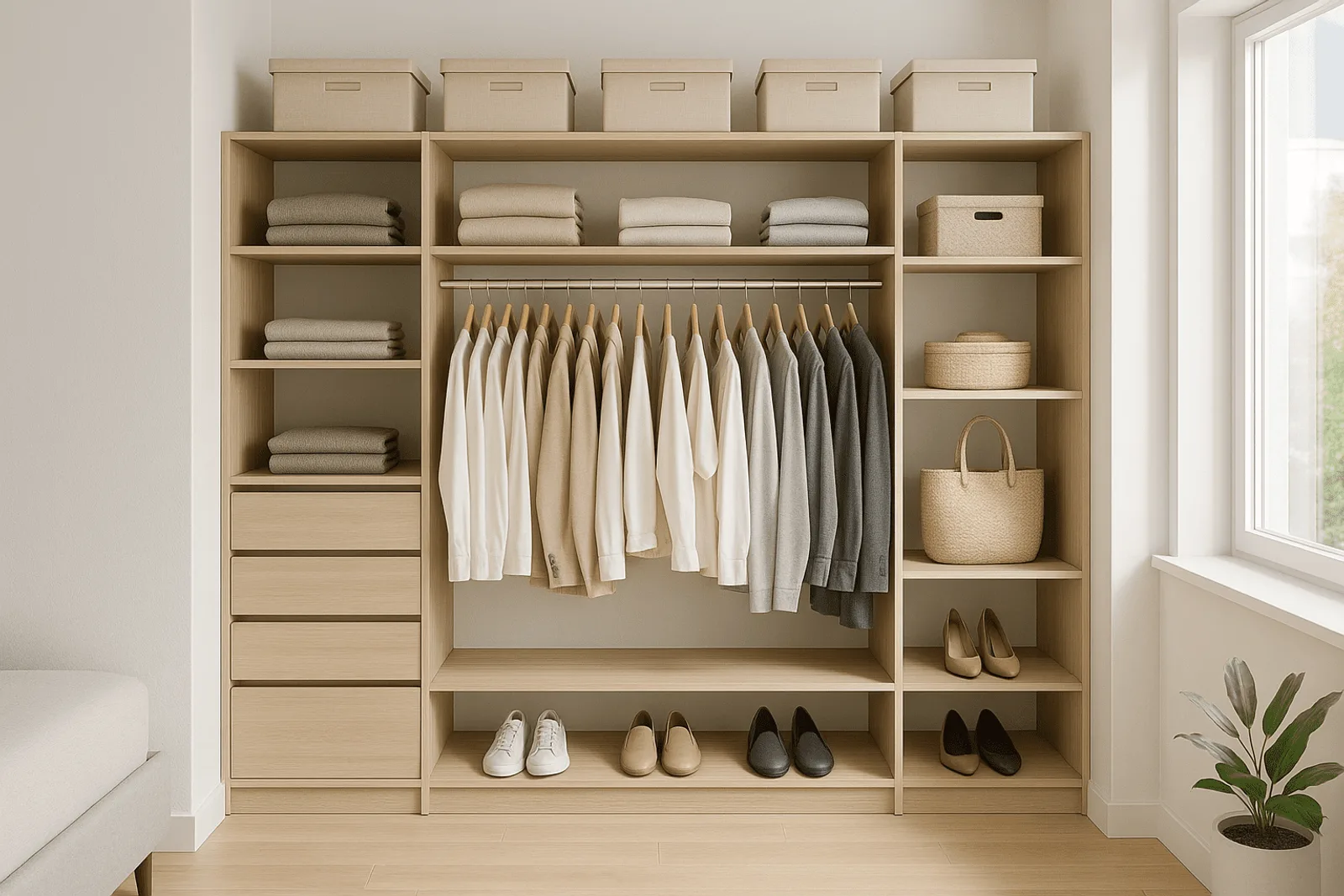 Clóset ordenado con ropa organizada por categorías y colores
