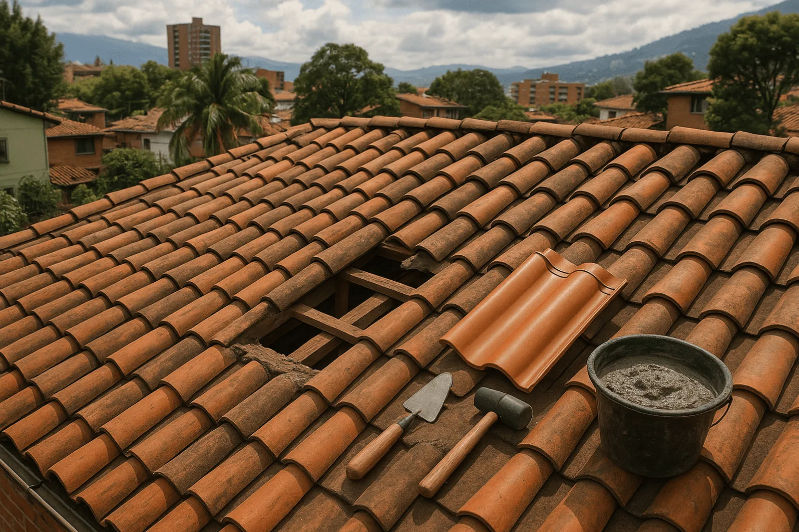 Reparación de una teja rota en el techo de una vivienda