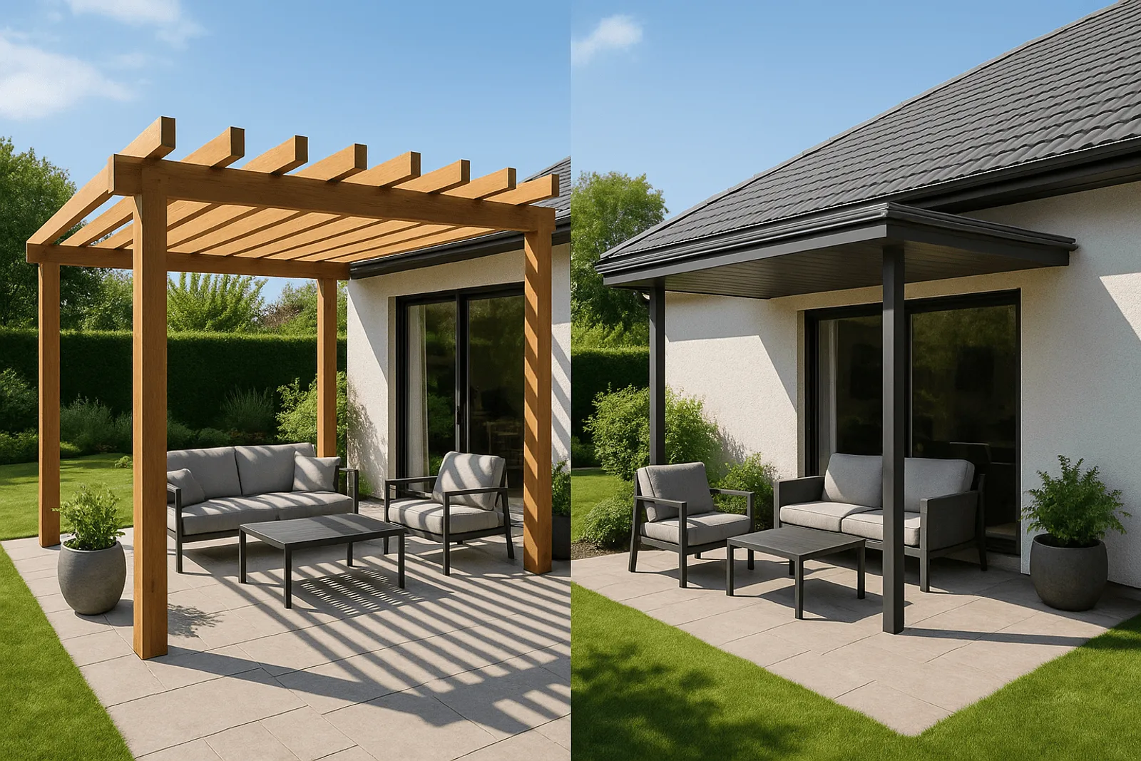 Pérgola de madera sobre una terraza al aire libre