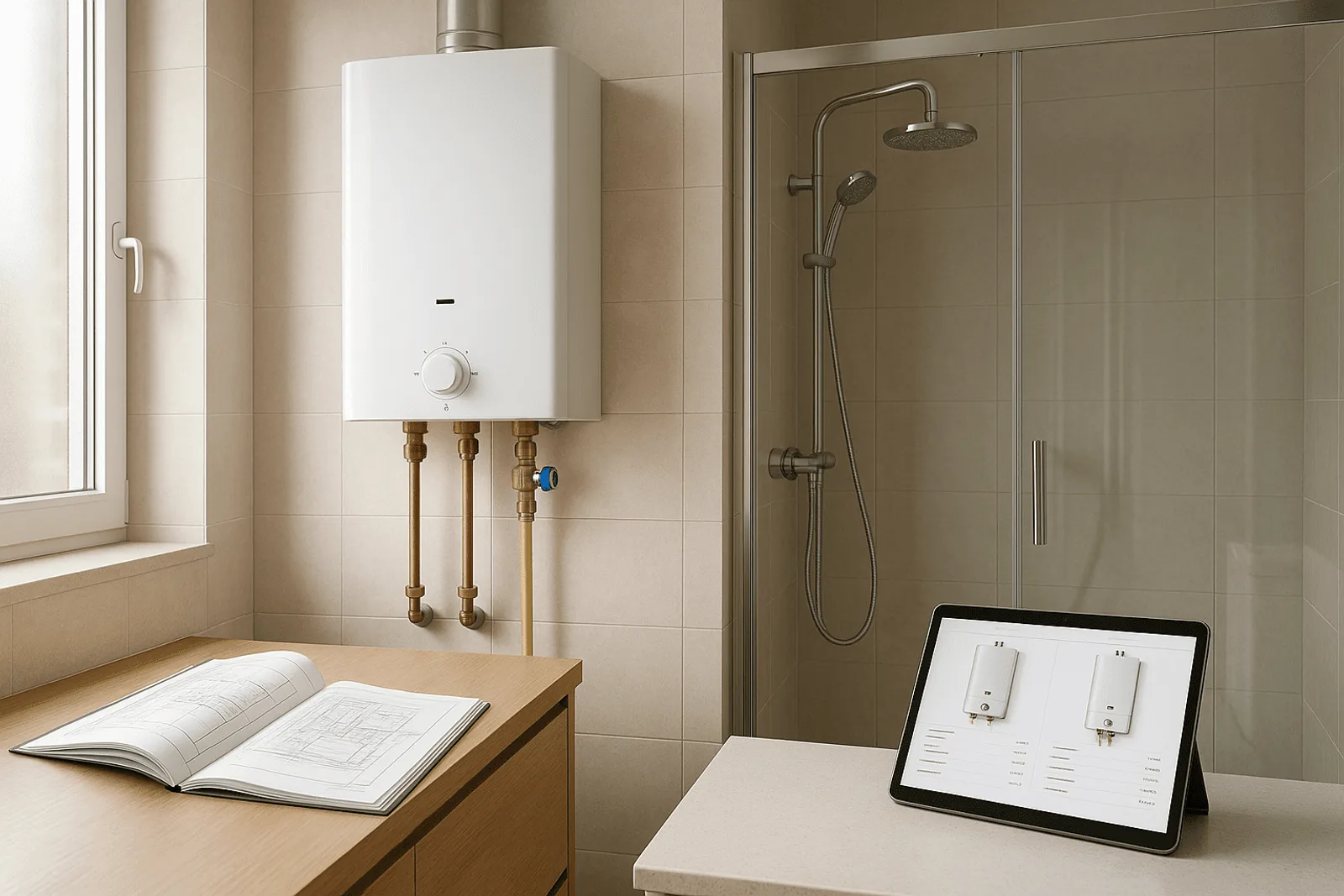 Calentador de agua a gas instalado en la pared de una vivienda