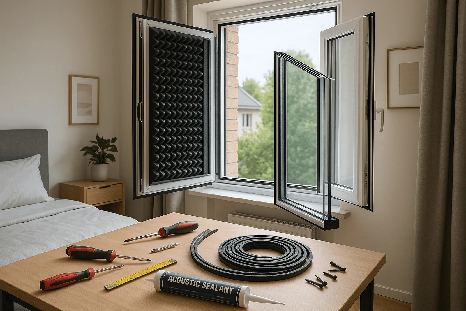 Ventana de una vivienda con burletes y sellado para reducir el ruido exterior
