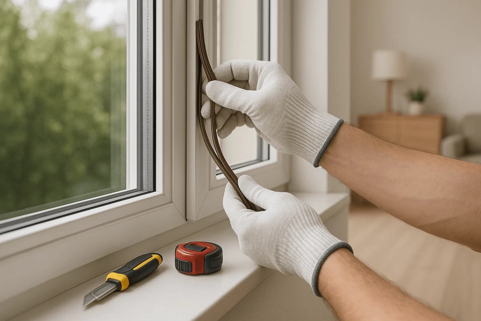 Instalación de burletes autoadhesivos en el marco de una ventana