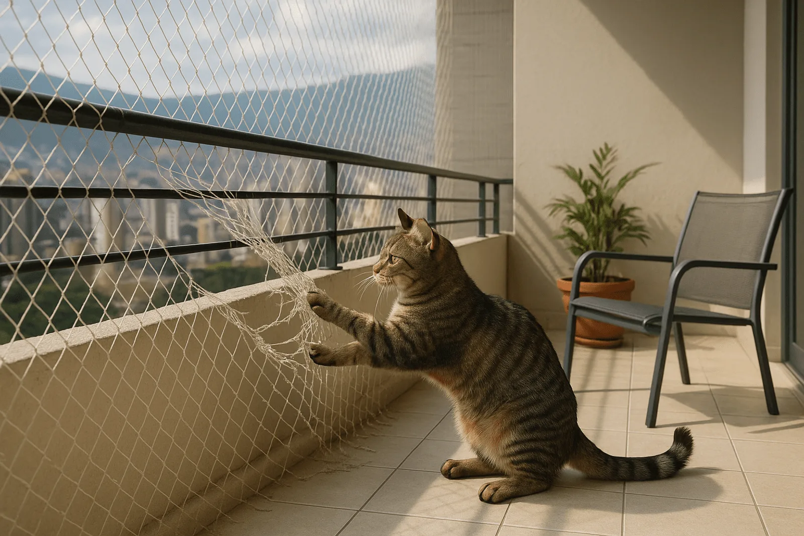 Gato asomado a una ventana protegida con malla de seguridad reforzada
