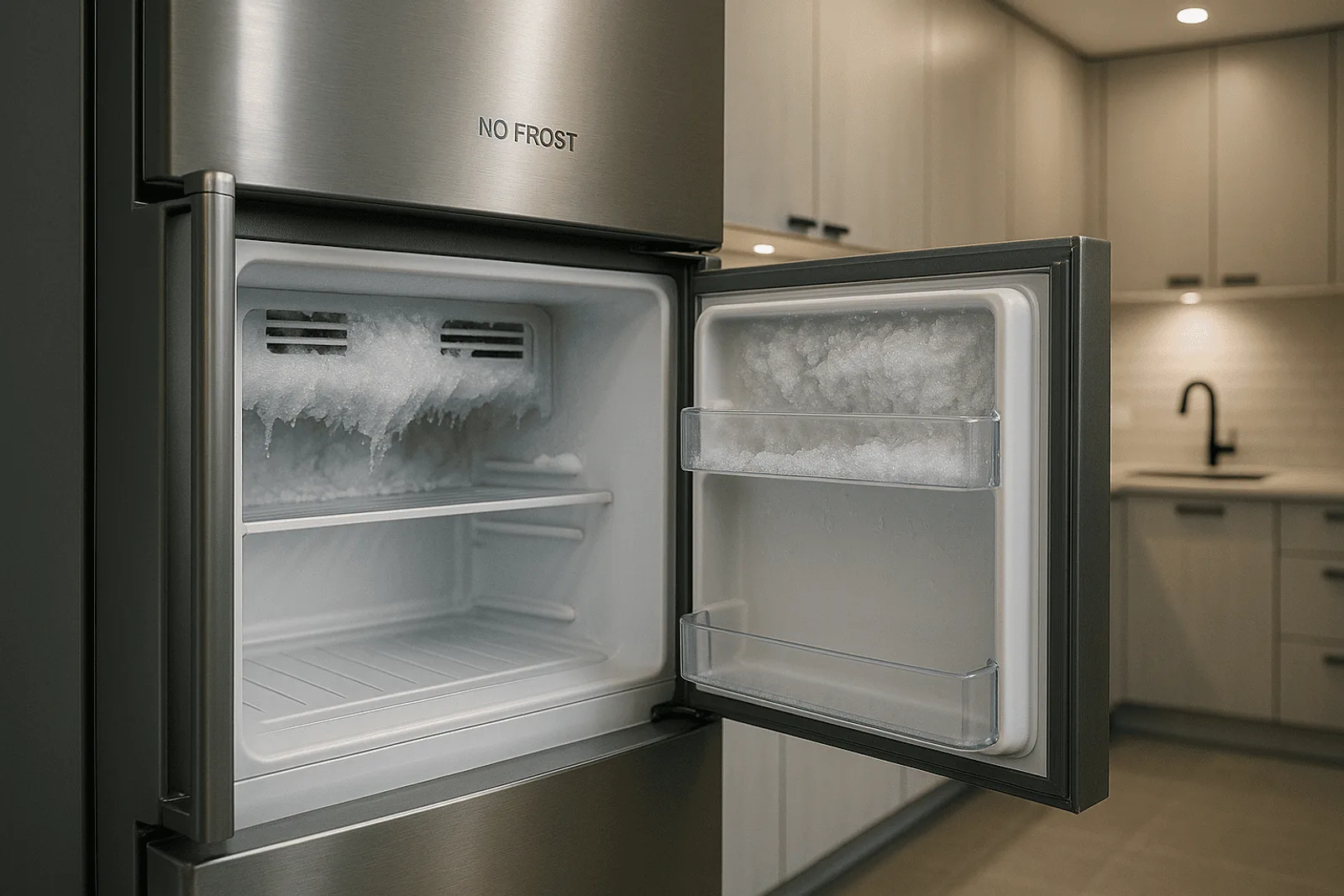 Congelador de una nevera No Frost con acumulación de hielo y escarcha