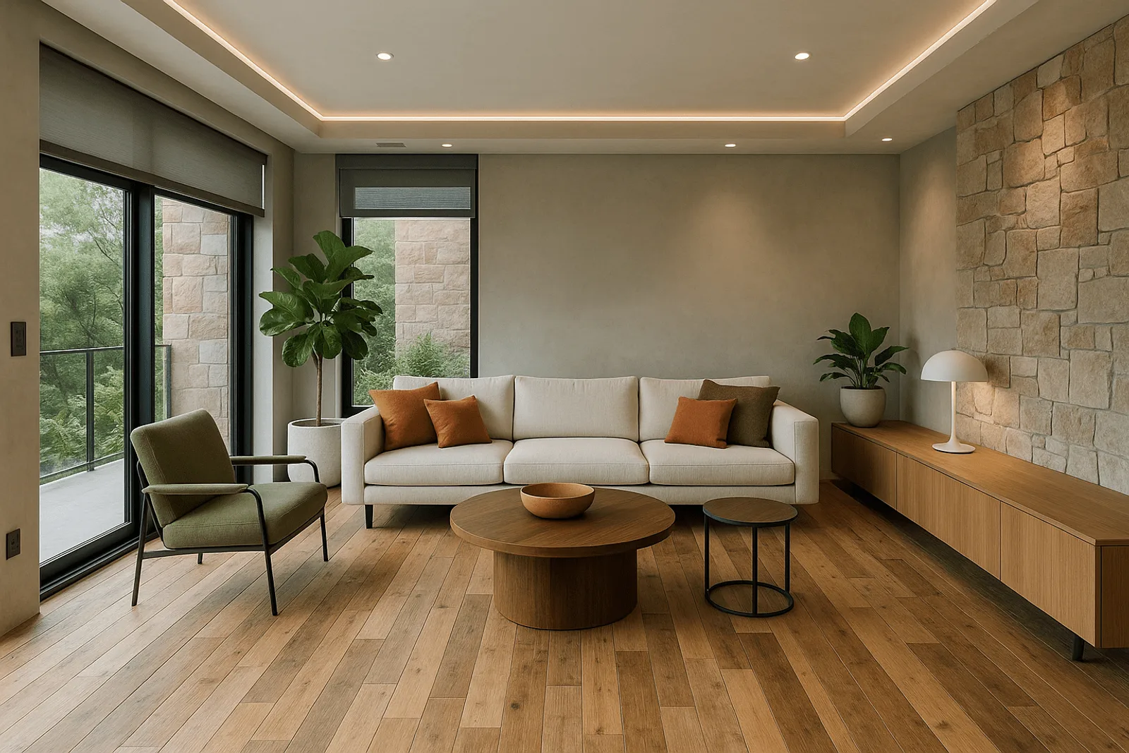 Interior remodelado con materiales sostenibles y diseño biofílico en tendencia 2026