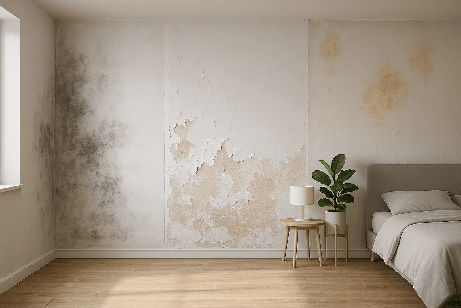 Pared con manchas de humedad y pintura descascarada que requiere tratamiento