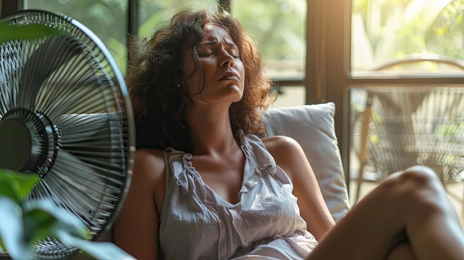 Persona con calor frente a un ventilador porque el aire acondicionado no enfría