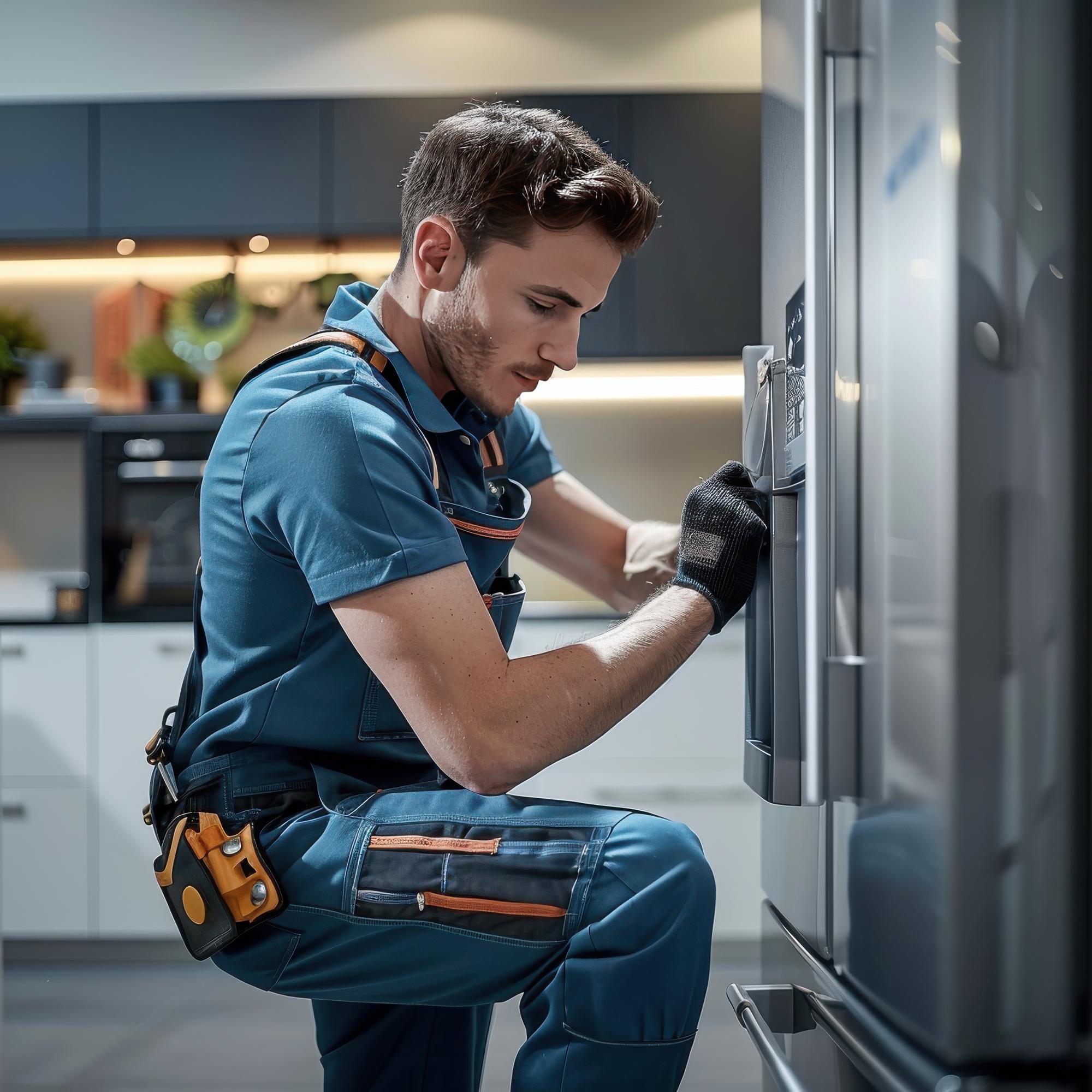 Técnico de neveras revisando un refrigerador que no enfría en una cocina residencial de Medellín