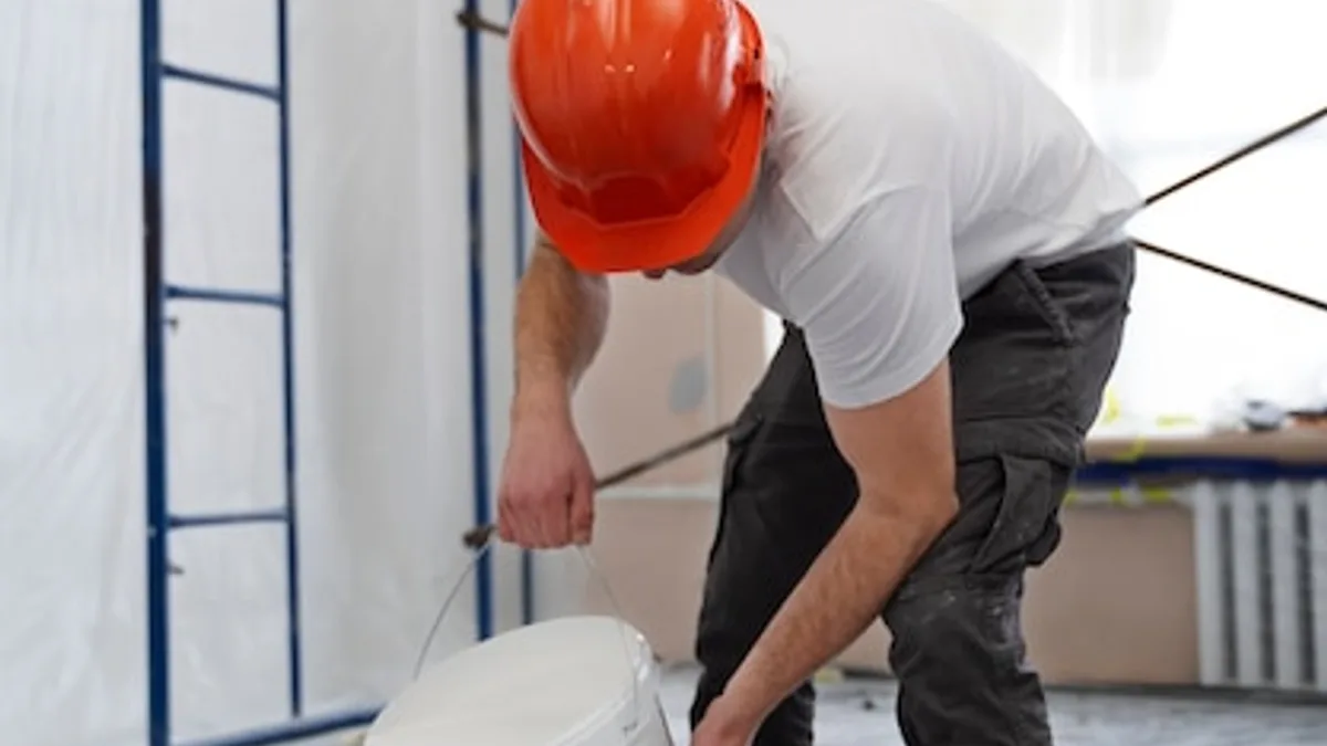 Pintor profesional con uniforme blanco vertiendo pintura