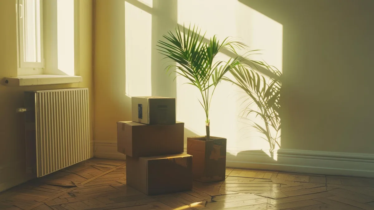 Apartamento vacío con cajas de mudanza y luz natural por la ventana