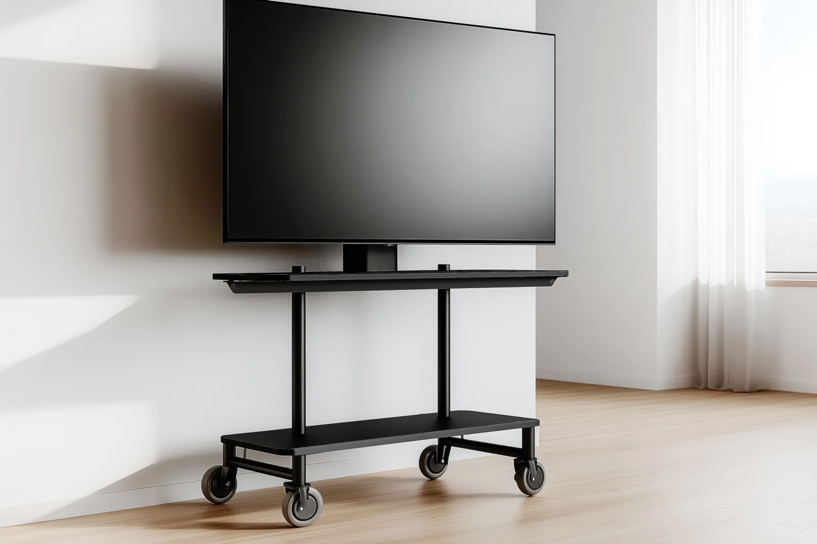 Soporte para TV de piso con televisor plano montado en una sala moderna